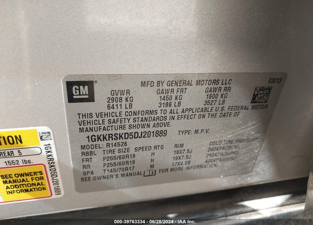 2013 GMC ACADIA SLT-2 VIN: 1GKKRSKD5DJ201889