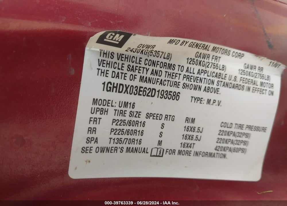 2002 OLDSMOBILE SILHOUETTE GL VIN: 1GHDX03E62D193586