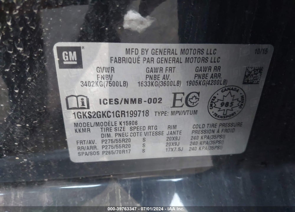 2016 GMC YUKON XL SLT VIN: 1GKS2GKC1GR199718