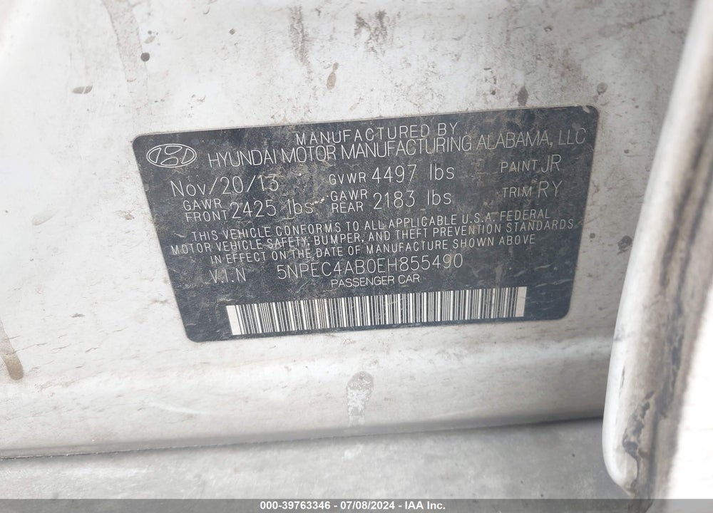2014 HYUNDAI SONATA SE 2.0T VIN: 5NPEC4AB0EH855490