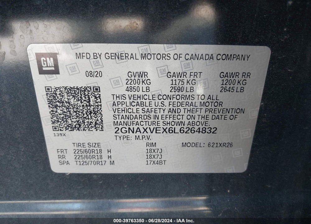 2020 CHEVROLET EQUINOX AWD LT 2.0L TURBO VIN: 2GNAXVEX6L6264832