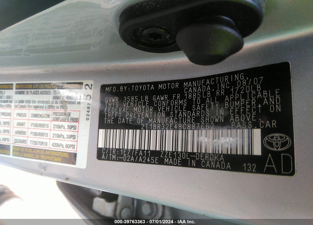 2008 TOYOTA COROLLA CE VIN: 2T1BR32E48C887662