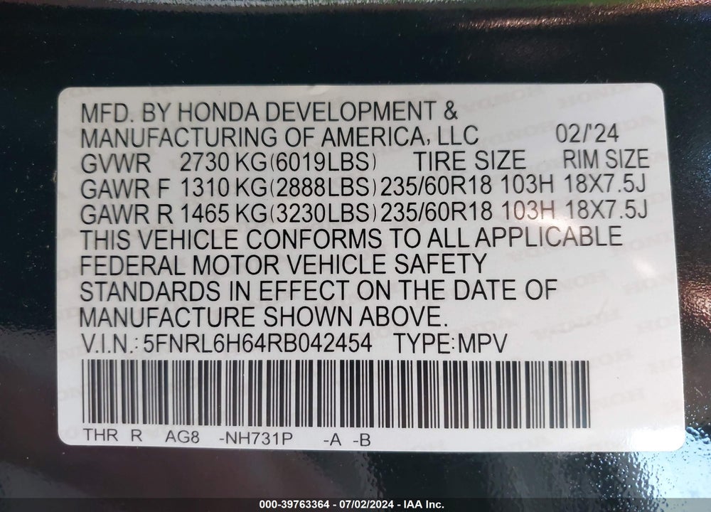 2024 HONDA ODYSSEY EX-L VIN: 5FNRL6H64RB042454