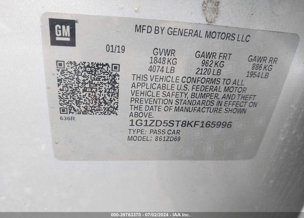 2019 CHEVROLET MALIBU LT VIN: 1G1ZD5ST8KF165996
