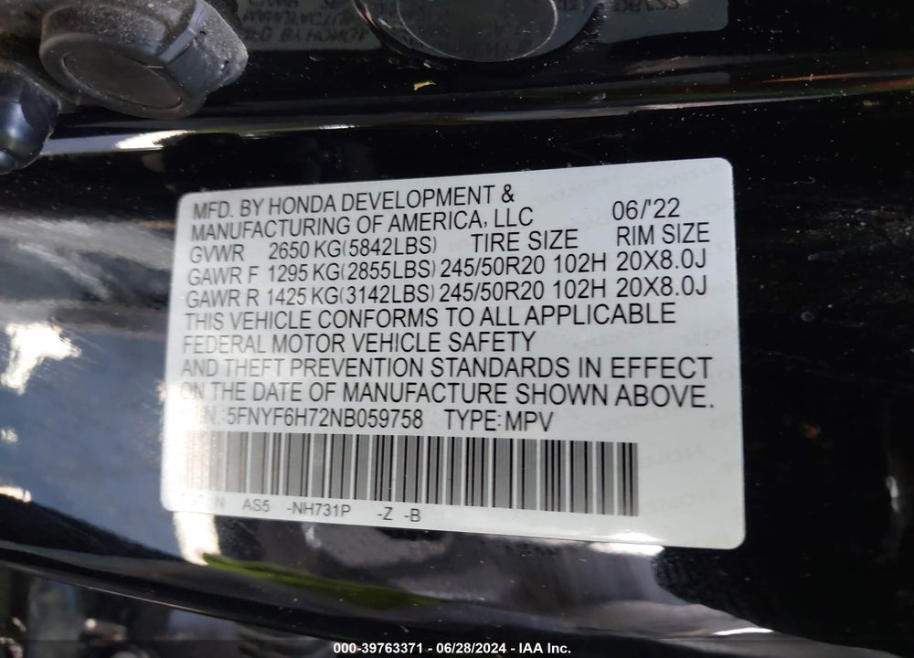 2022 HONDA PILOT AWD BLACK EDITION VIN: 5FNYF6H72NB059758