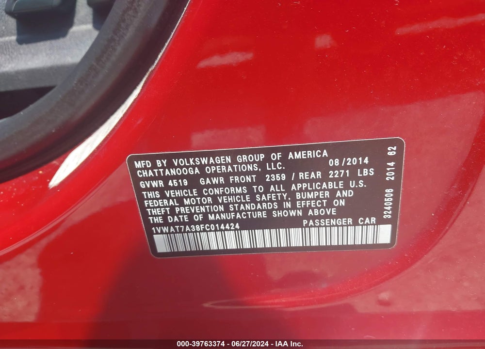 2015 VOLKSWAGEN PASSAT 1.8T WOLFSBURG EDITION VIN: 1VWAT7A38FC014424