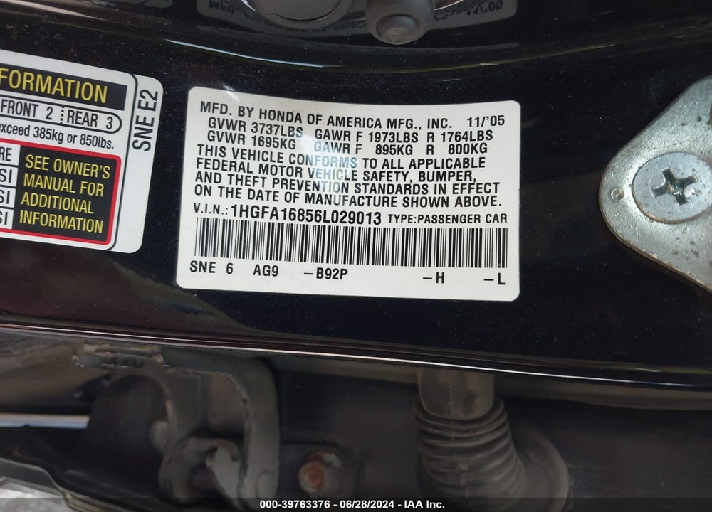 2006 HONDA CIVIC EX VIN: 1HGFA16856L029013