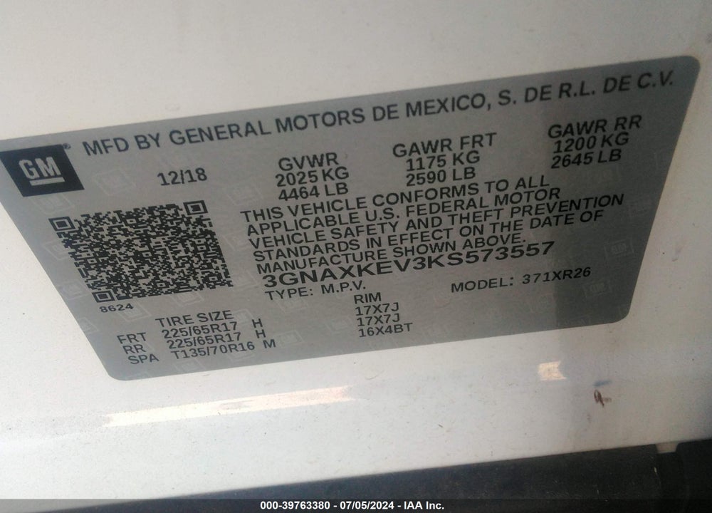 2019 CHEVROLET EQUINOX LT VIN: 3GNAXKEV3KS573557