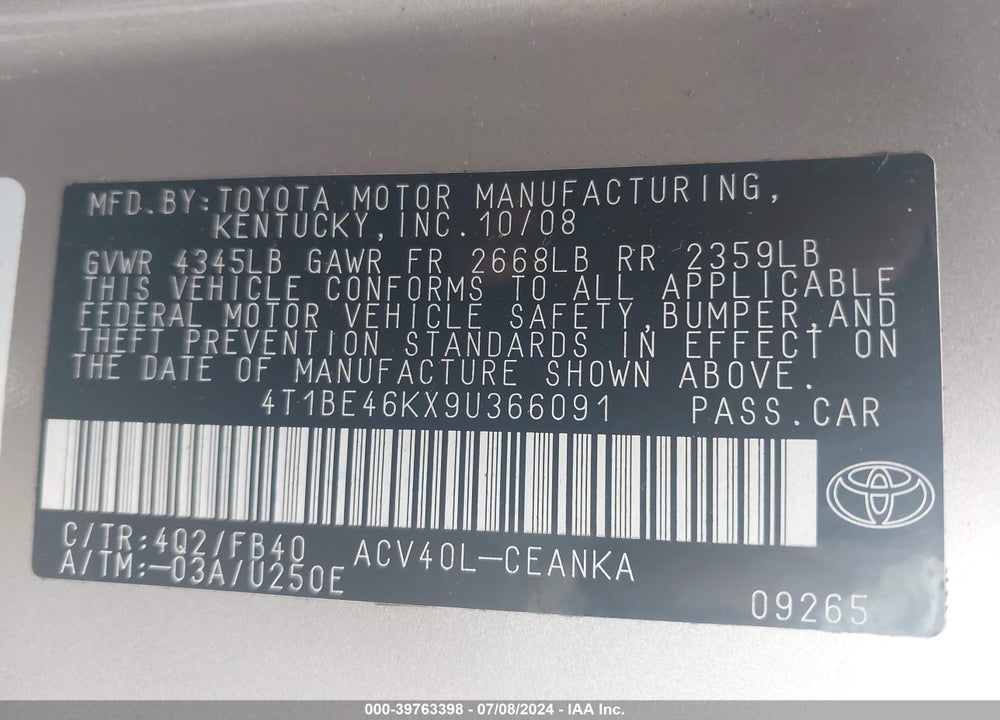 2009 TOYOTA CAMRY VIN: 4T1BE46KX9U366091