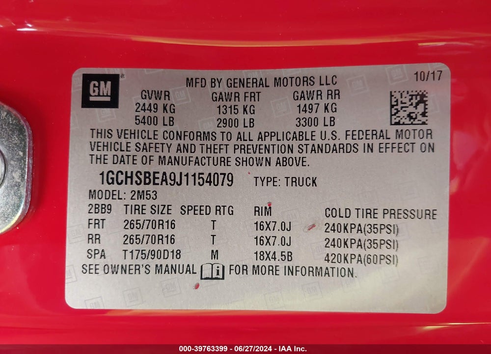 2018 CHEVROLET COLORADO WT VIN: 1GCHSBEA9J1154079
