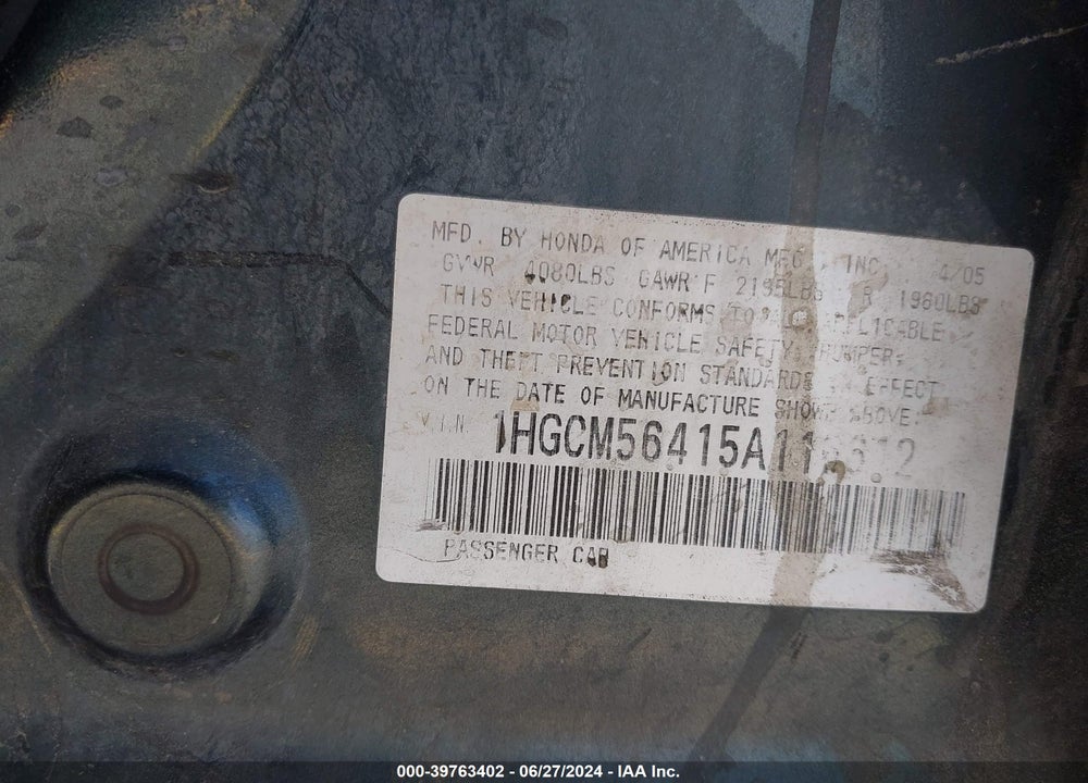2005 HONDA ACCORD 2.4 LX VIN: 1HGCM56415A116612