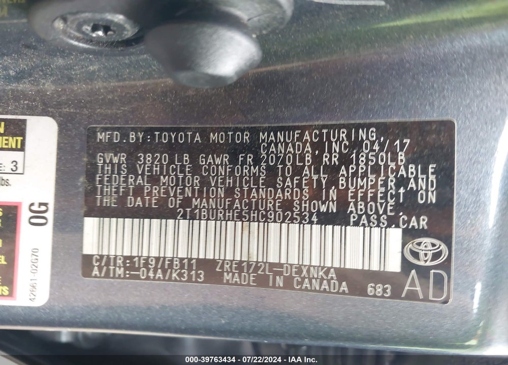 2017 TOYOTA COROLLA LE VIN: 2T1BURHE5HC902534