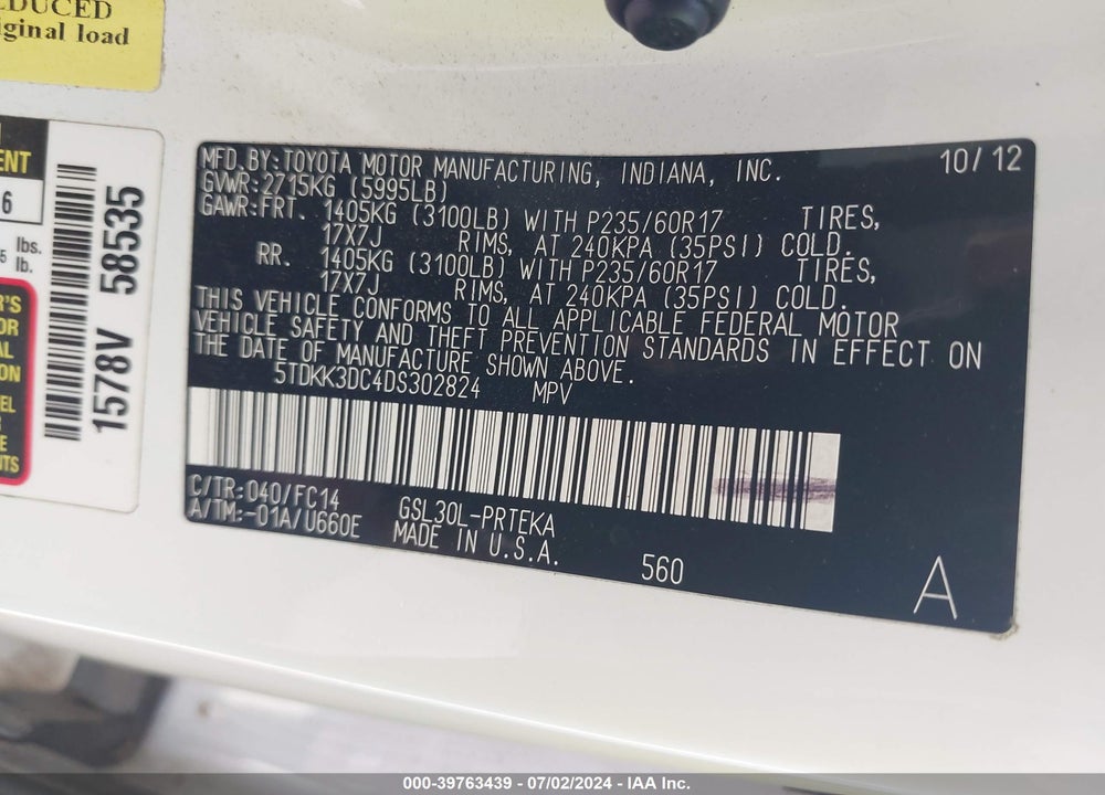 2013 TOYOTA SIENNA LE V6 8 PASSENGER VIN: 5TDKK3DC4DS302824