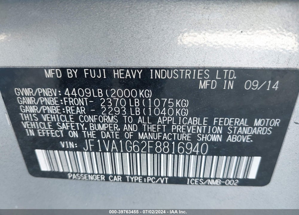 2015 SUBARU WRX LIMITED VIN: JF1VA1G62F8816940