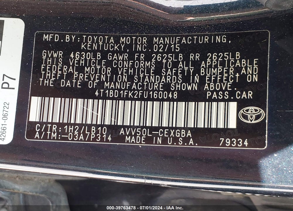 2015 TOYOTA CAMRY HYBRID XLE VIN: 4T1BD1FK2FU160048