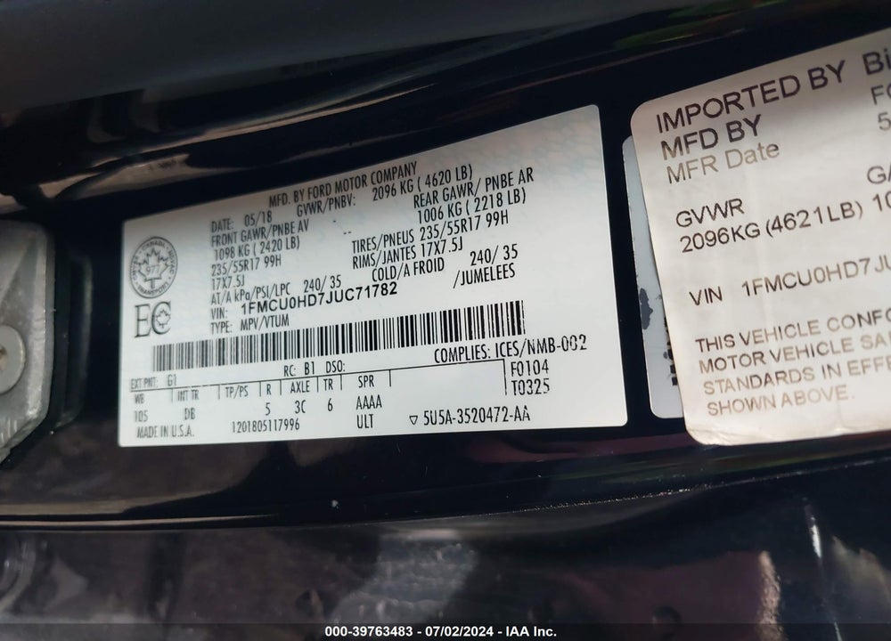 2018 FORD ESCAPE SEL VIN: 1FMCU0HD7JUC71782