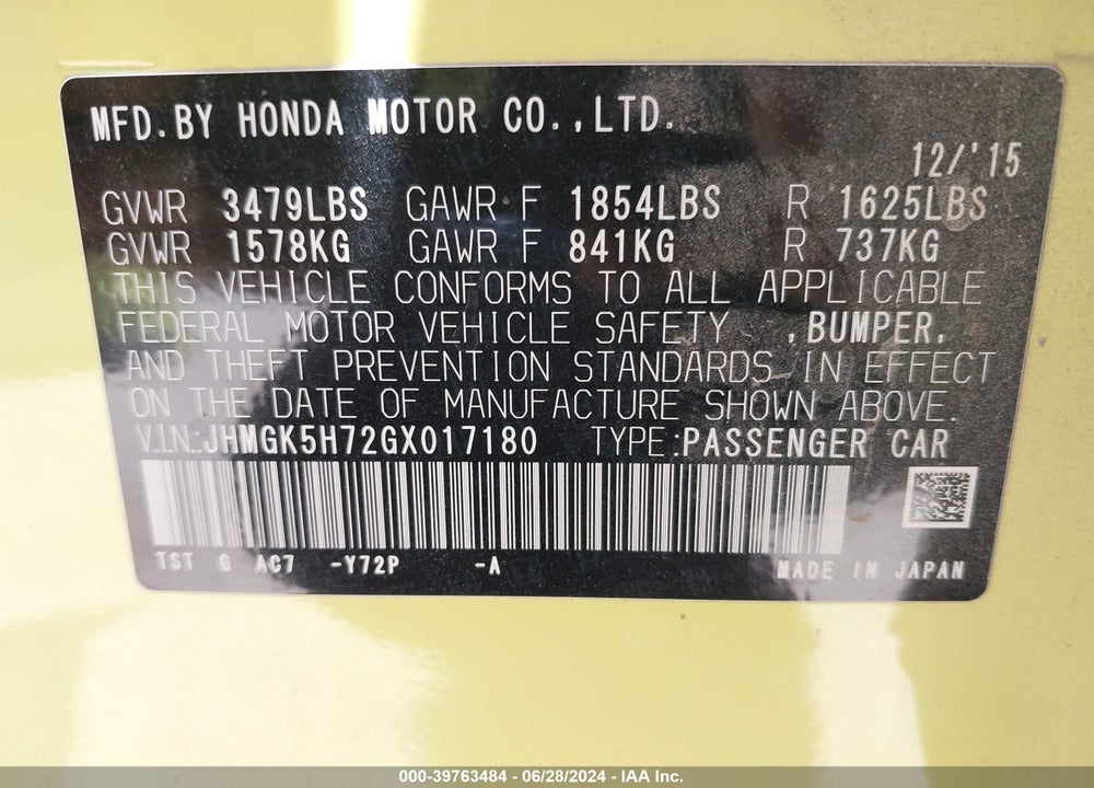 2016 HONDA FIT EX VIN: JHMGK5H72GX017180