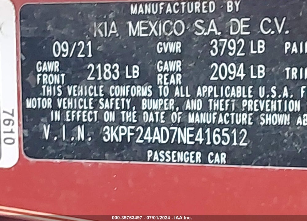 2022 KIA FORTE LXS VIN: 3KPF24AD7NE416512