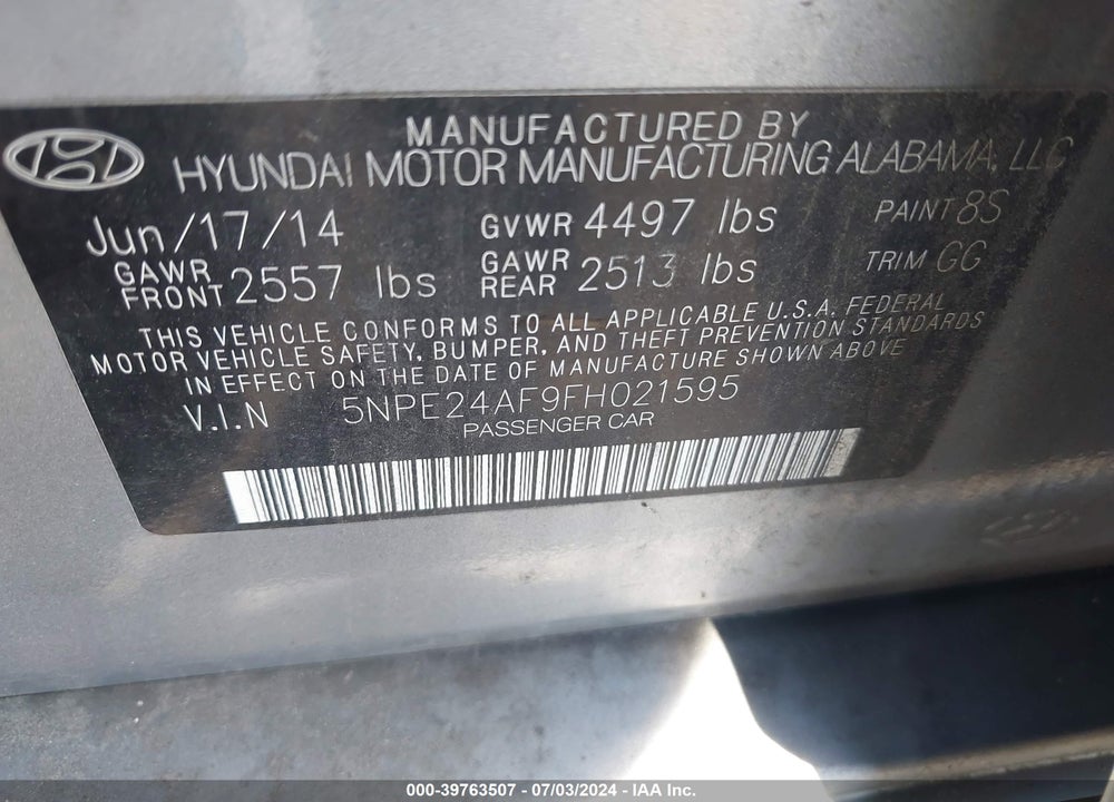 2015 HYUNDAI SONATA SE VIN: 5NPE24AF9FH021595