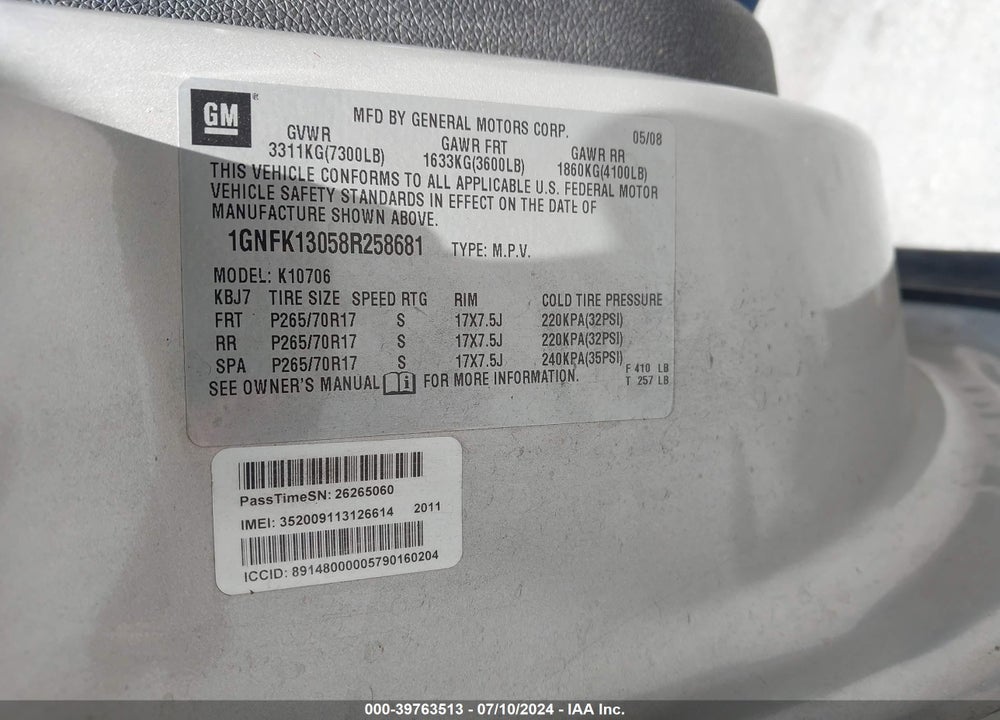 2008 CHEVROLET TAHOE LS VIN: 1GNFK13058R258681