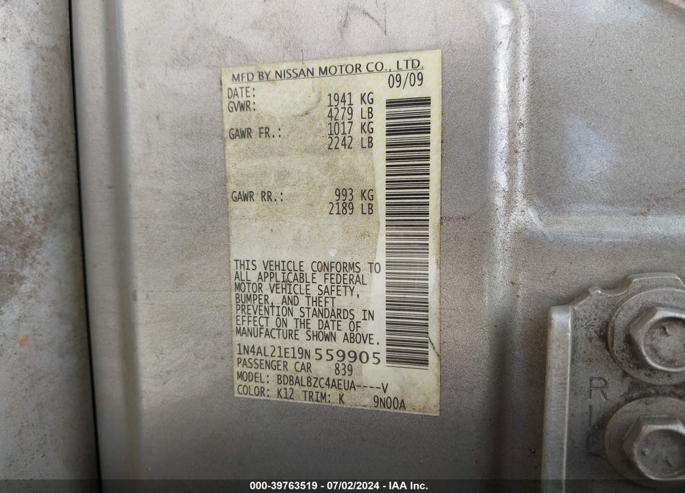 2009 NISSAN ALTIMA 2.5 S VIN: 1N4AL21E19N559905