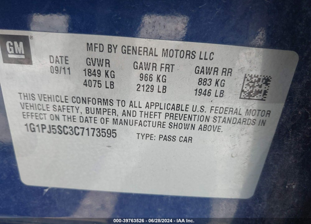 2012 CHEVROLET CRUZE VIN: 1G1PJ5SC3C7173595
