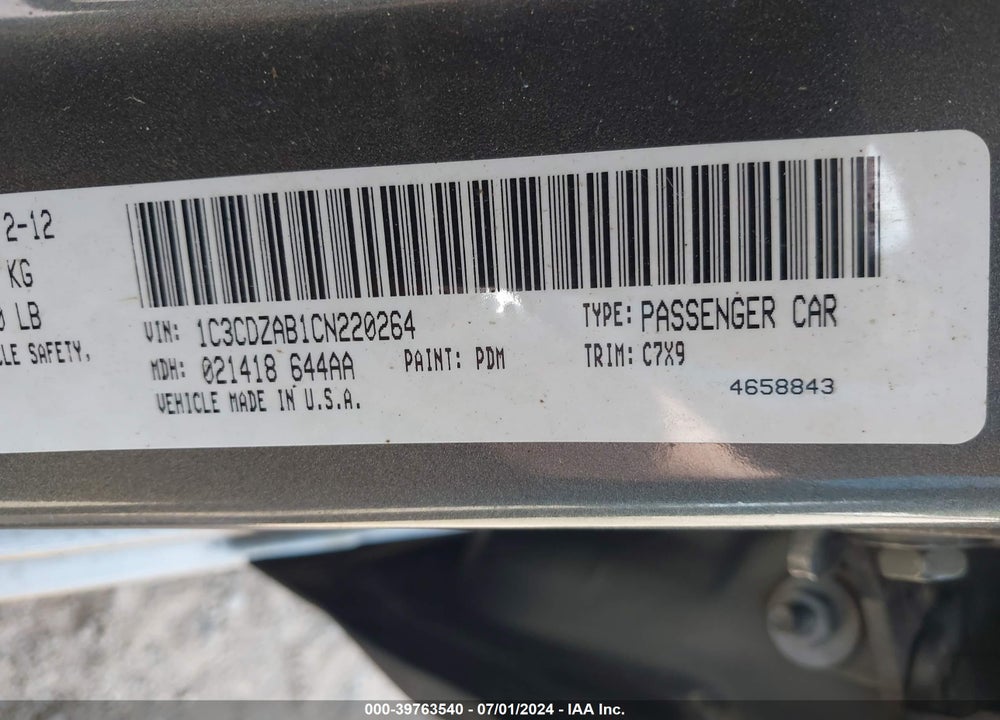 2012 DODGE AVENGER SE VIN: 1C3CDZAB1CN220264
