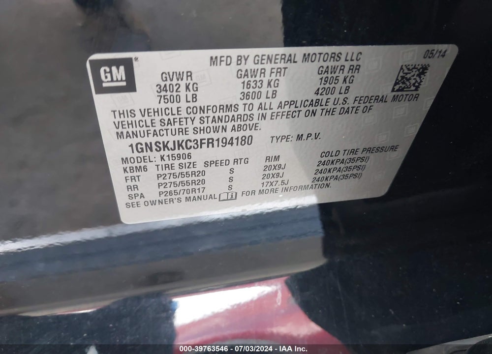 2015 CHEVROLET SUBURBAN 1500 LT VIN: 1GNSKJKC3FR194180
