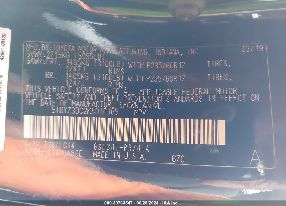 2019 TOYOTA SIENNA XLE 8 PASSENGER VIN: 5TDYZ3DC2KS016165