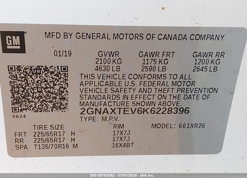 2019 CHEVROLET EQUINOX VIN: 2GNAXTEV6K6228396