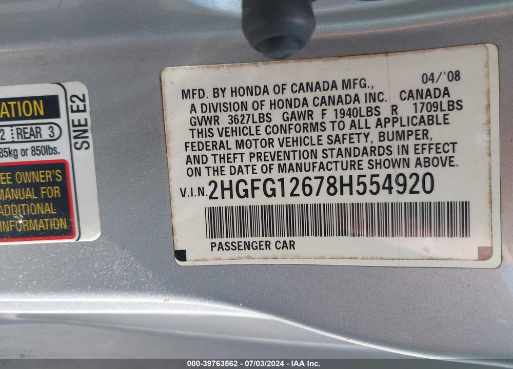2008 HONDA CIVIC LX VIN: 2HGFG12678H554920