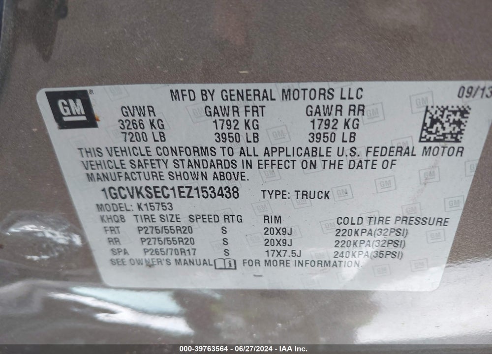 2014 CHEVROLET SILVERADO 1500 2LZ VIN: 1GCVKSEC1EZ153438