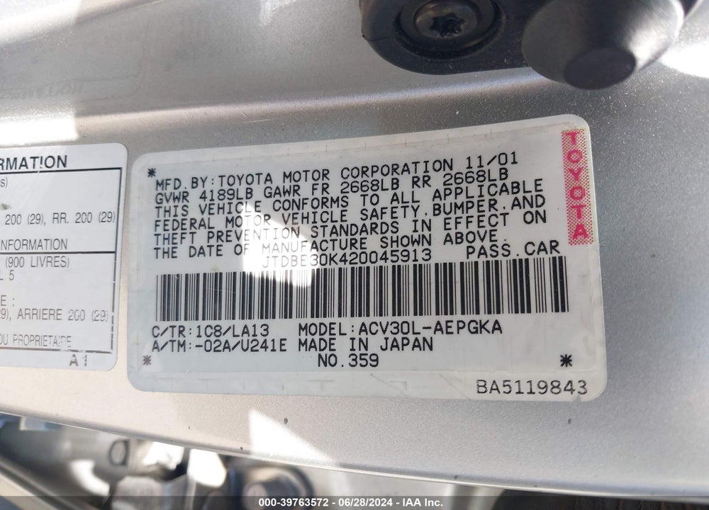 2002 TOYOTA CAMRY XLE VIN: JTDBE30K420045913