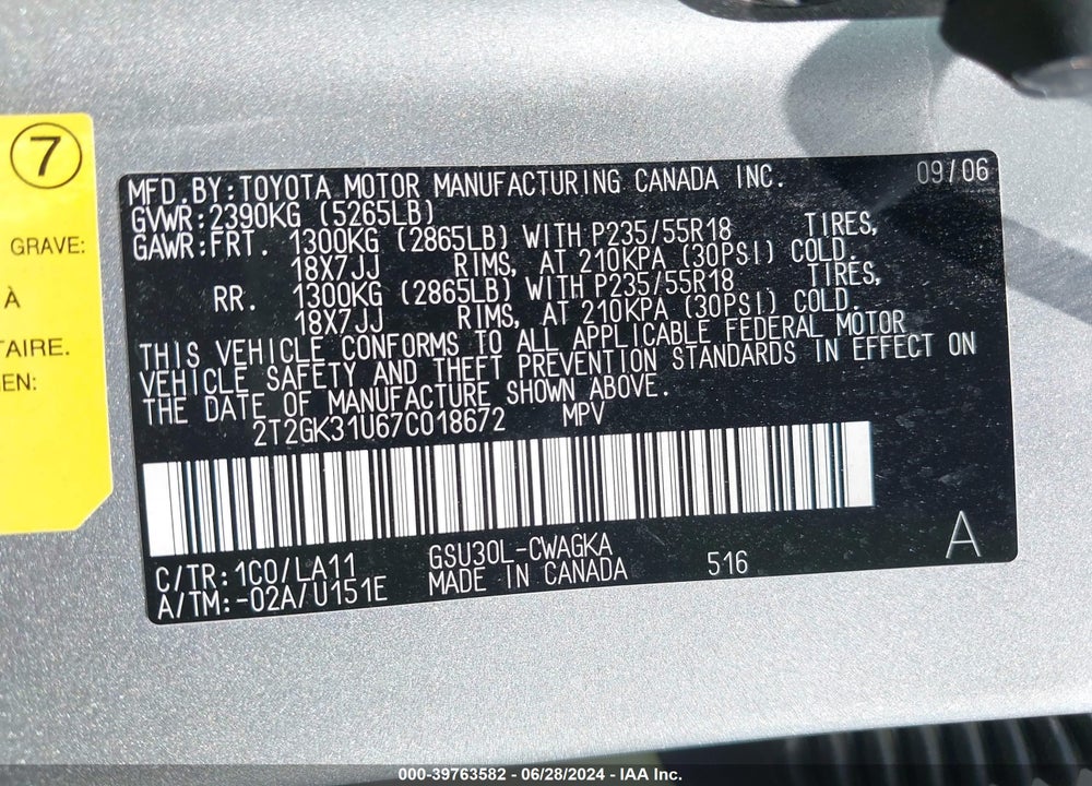 2007 LEXUS RX 350 VIN: 2T2GK31U67C018672