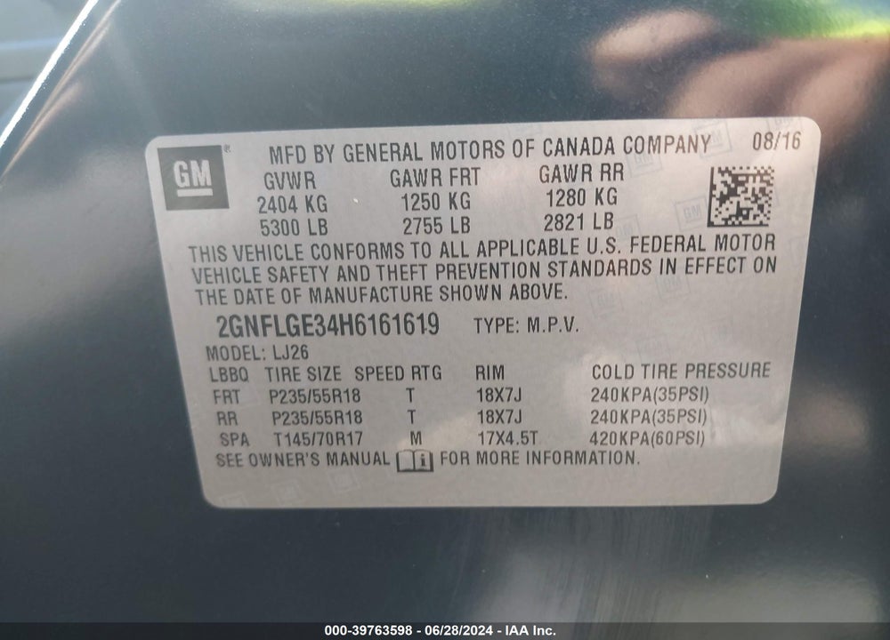 2017 CHEVROLET EQUINOX PREMIER VIN: 2GNFLGE34H6161619