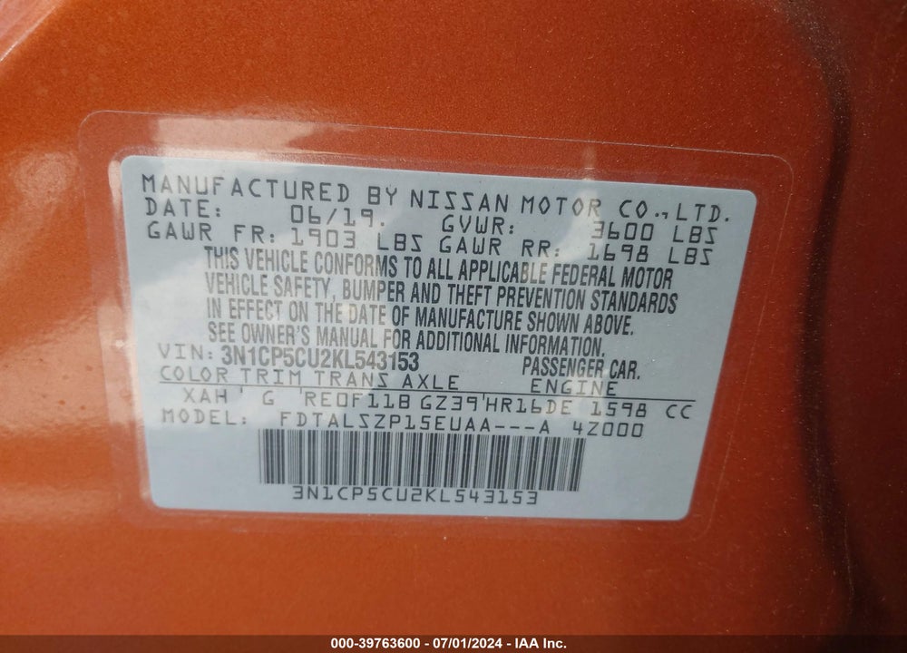 2019 NISSAN KICKS SV VIN: 3N1CP5CU2KL543153