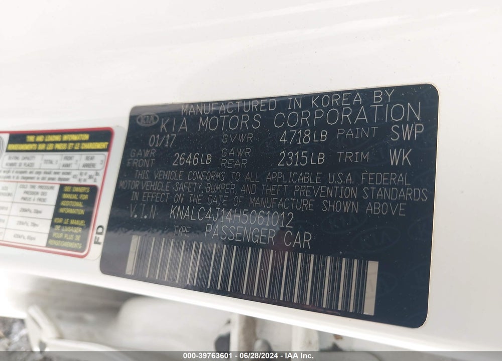 2017 KIA CADENZA TECHNOLOGY VIN: KNALC4J14H5061012