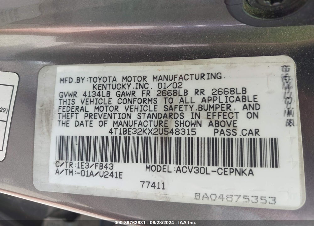 2002 TOYOTA CAMRY LE VIN: 4T1BE32KX2U548315
