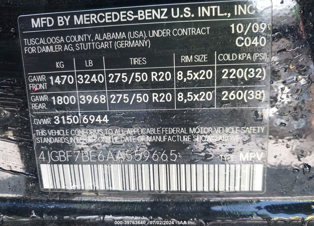 2010 MERCEDES-BENZ GL 450 4MATIC VIN: 4JGBF7BE6AA559665