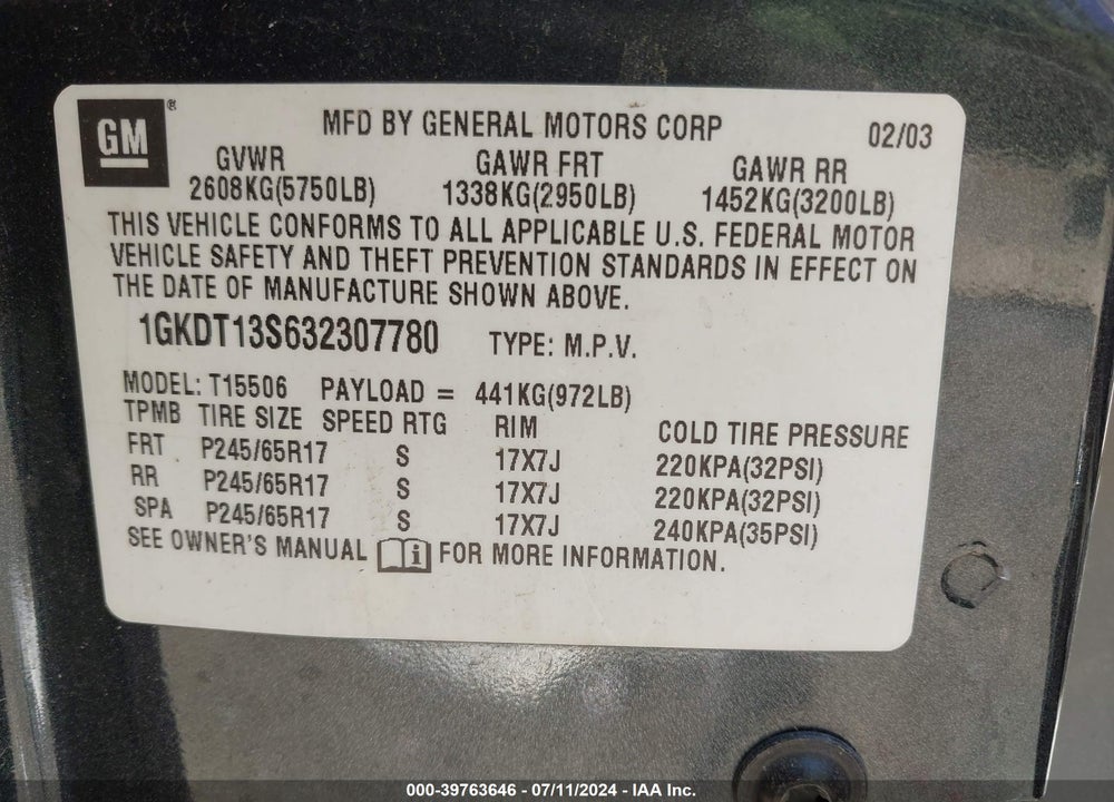 2003 GMC ENVOY SLT VIN: 1GKDT13S632307780