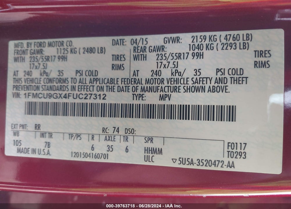 2015 FORD ESCAPE SE VIN: 1FMCU9GX4FUC27312