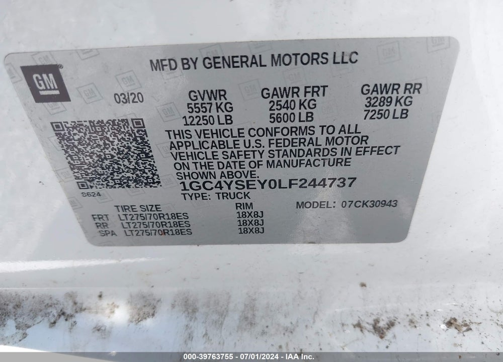 2020 CHEVROLET SILVERADO 3500HD 4WD  LONG BED WT VIN: 1GC4YSEY0LF244737