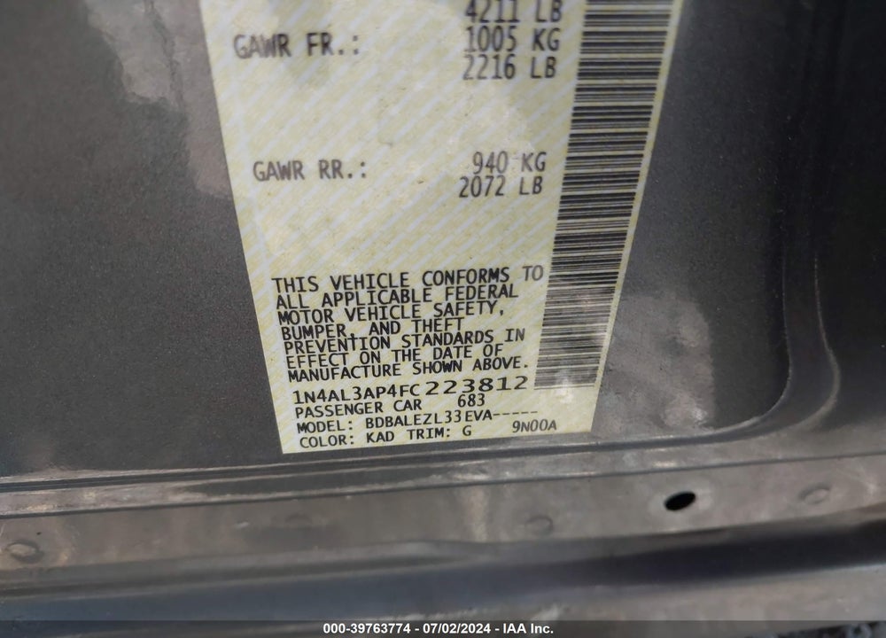 2015 NISSAN ALTIMA 2.5 S VIN: 1N4AL3AP4FC223812