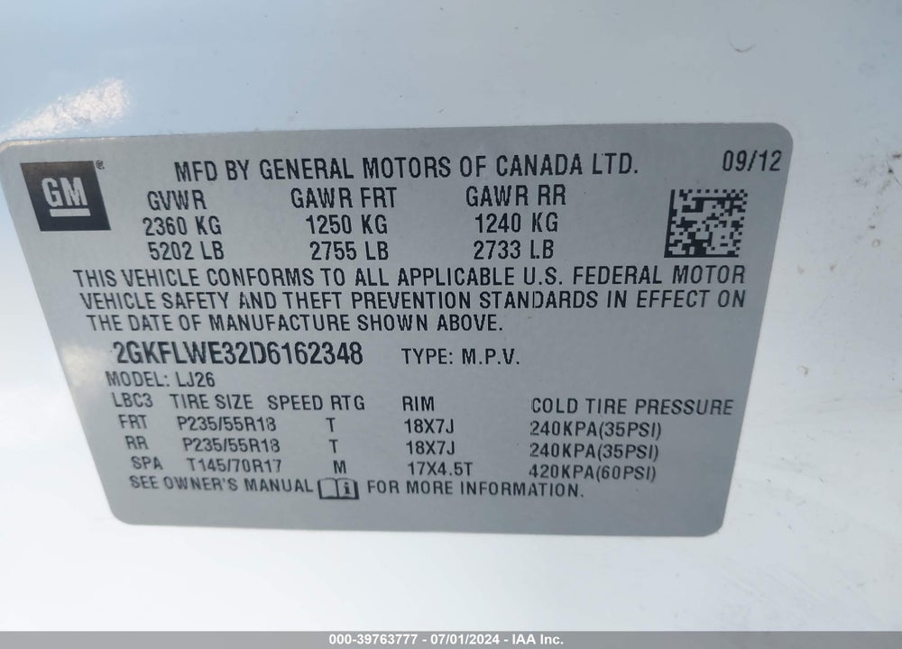 2013 GMC TERRAIN SLT-2 VIN: 2GKFLWE32D6162348