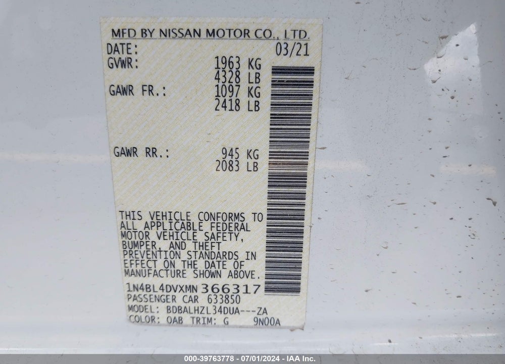 2021 NISSAN ALTIMA SV FWD VIN: 1N4BL4DVXMN366317
