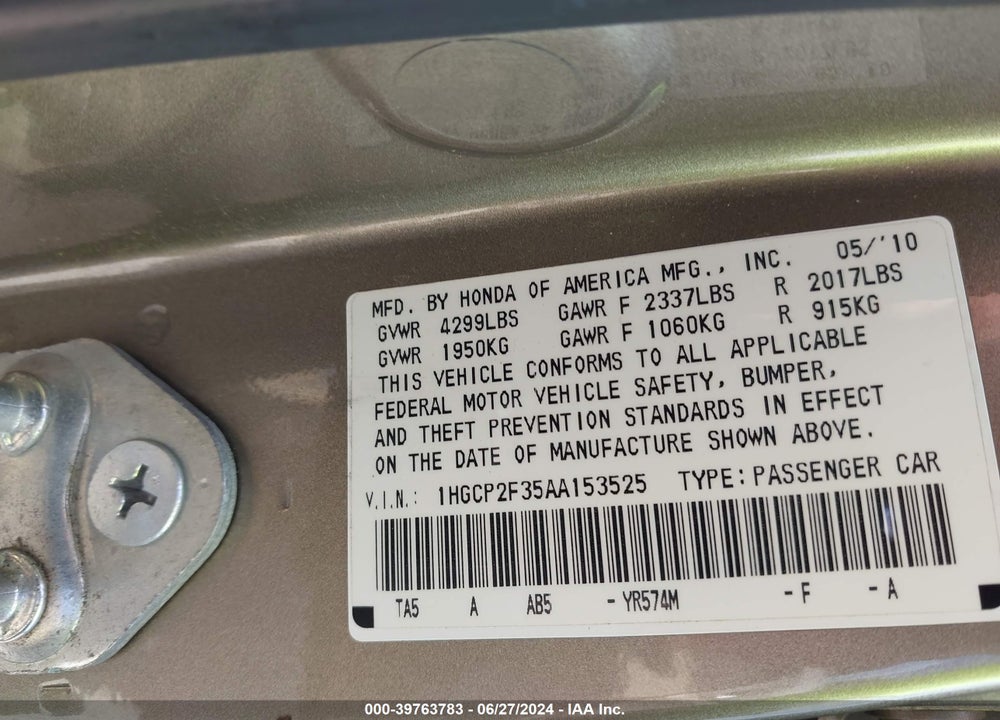 2010 HONDA ACCORD 2.4 LX VIN: 1HGCP2F35AA153525