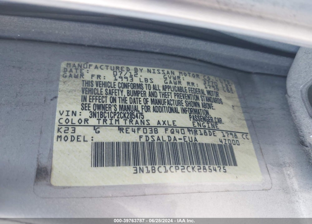 2012 NISSAN VERSA 1.8 S VIN: 3N1BC1CP2CK285475