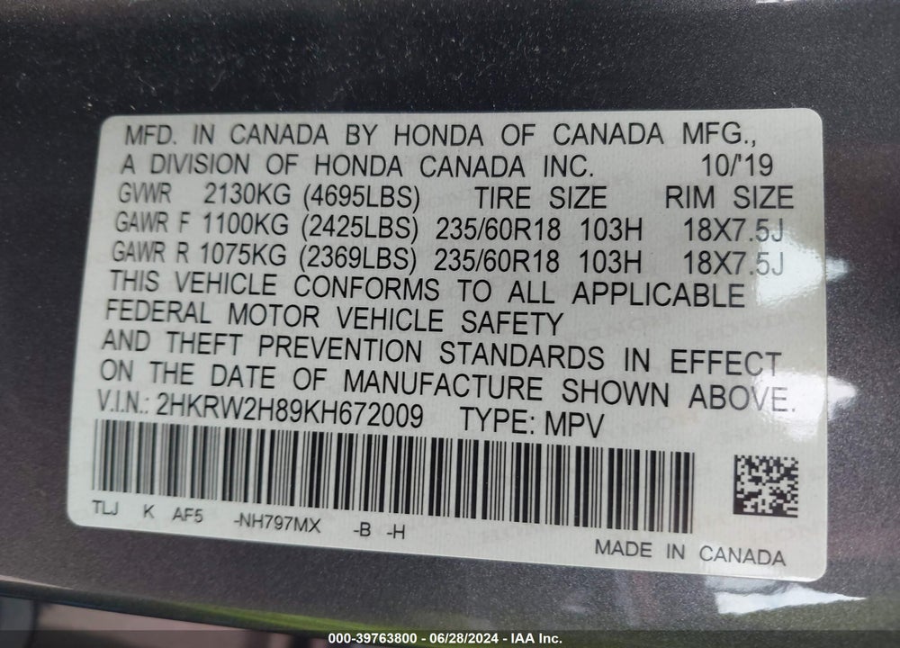 2019 HONDA CR-V VIN: 2HKRW2H89KH672009
