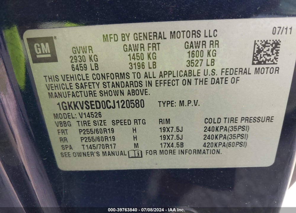 2012 GMC ACADIA SLT-2 VIN: 1GKKVSED0CJ120580