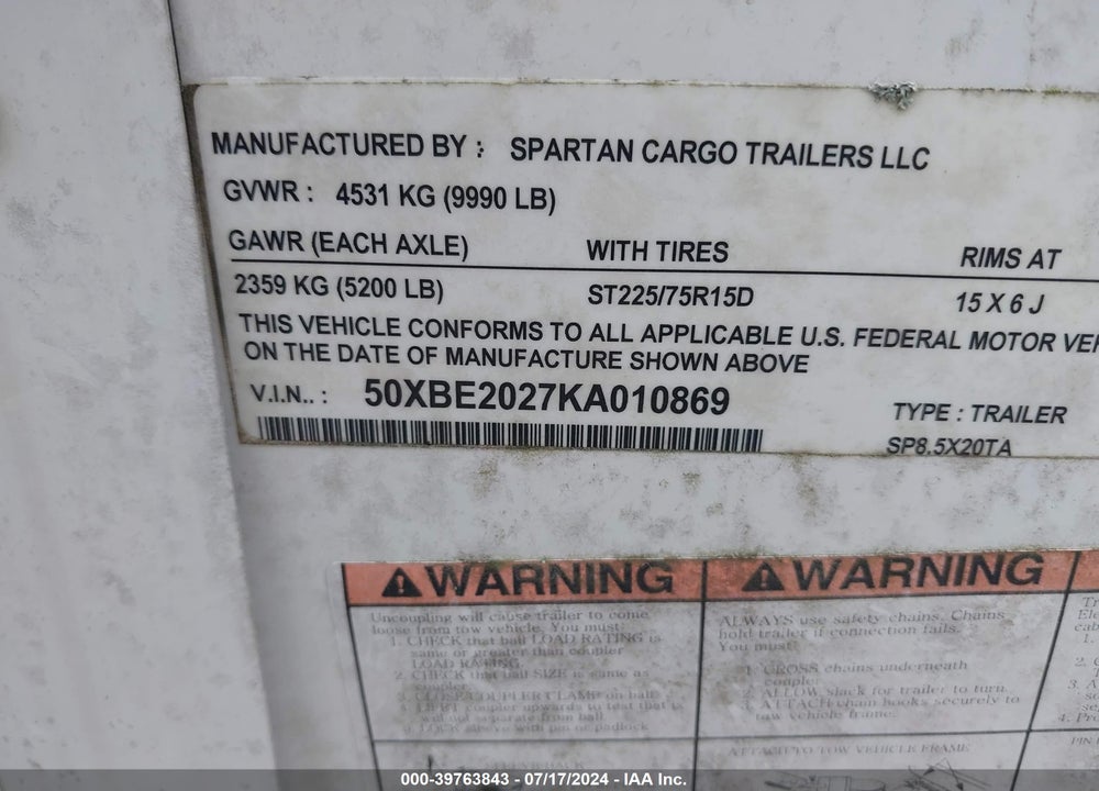 2019 SPARTAN CARGO VIN: 50XBE2027KA010869